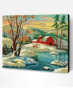 Snow Scene Farm Barn Woods Vintage Paint By Number