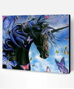 Black Unicorn And Butterflies Paint By Numbers