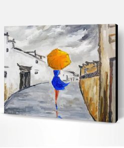 Lady With Yellow Umbrella And Blue Dress Paint By Number