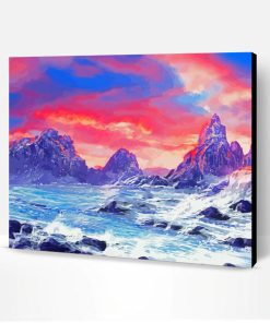 Pink Sunset With Mountain And Waves Art Paint By Number