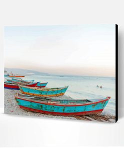 Row of Wood Boats on Beach Art Paint By Numbers