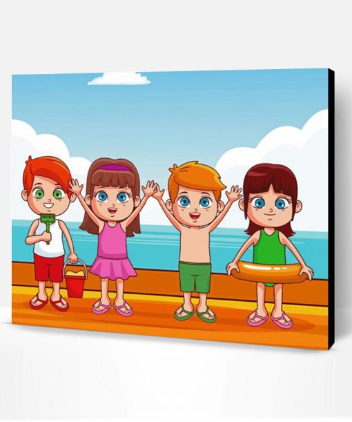 Cute Kids At Beach Cartoon Paint By Number