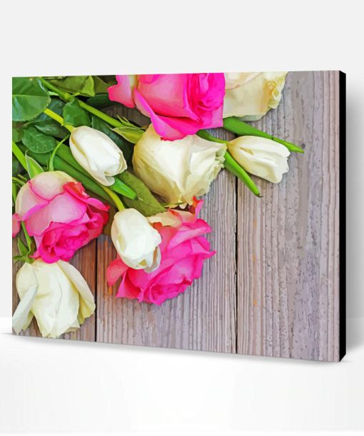 Pink And White Roses On Wood Paint By Number