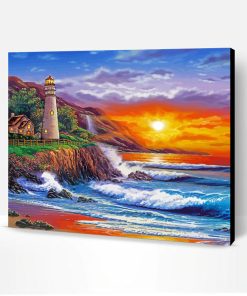 Sunset Lighthouse Waterfall Seascape Paint By Number