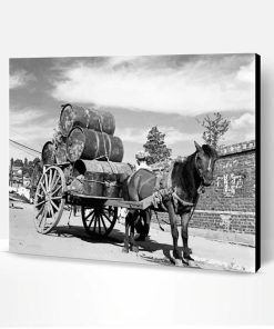Black And White Horse Pulling Wagon Paint By Number