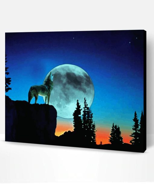 Aesthetic Full Moon With Howling Wolf Illustration Paint By Number