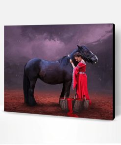 Aesthetic Woman In Red On A Black Horse Paint By Number