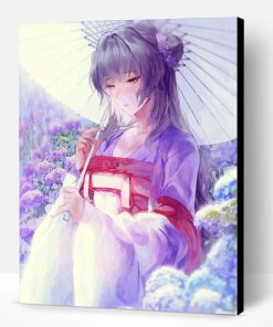 Chinese Girl With Flowers Under Rain Paint By Number