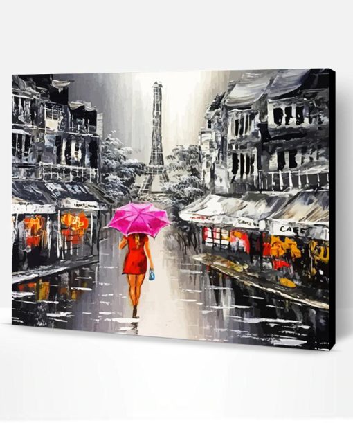 Lady With Umbrella Walking On The Rain In Paris Paint By Number