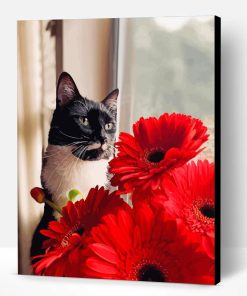 Black Cat With Red Flower Paint By Number
