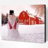 Aesthetic Winter Snowman On a Red Farm Barn Paint By Numbers