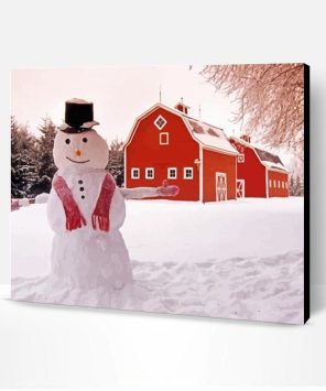 Aesthetic Winter Snowman On a Red Farm Barn Paint By Numbers