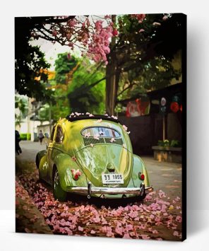 Green VW Beetle With Blossom Tree Paint By Numbers